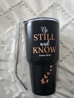 KEDRIAN - Be Still and Know Black Insulated Tumbler with Rose Gold Script